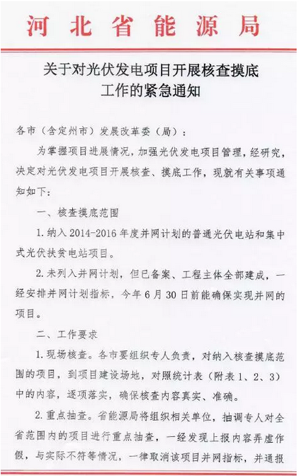 河北能源局下發(fā)《對光伏發(fā)電項目開展核查摸底工作》的通知 弄虛作假取消并網(wǎng)指標(biāo)！