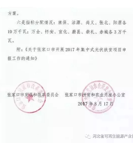 河北張家口上報2017光伏扶貧項目：必須達到&ldquo;領(lǐng)跑者&rdquo;標(biāo)準(zhǔn)