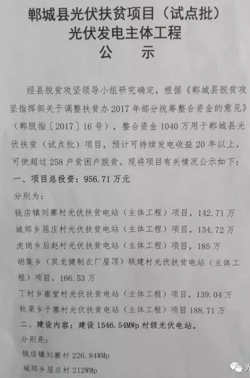 1546.54MW！河南鄲城縣公示光伏扶貧項(xiàng)目（試點(diǎn)批）光伏發(fā)電主體工程