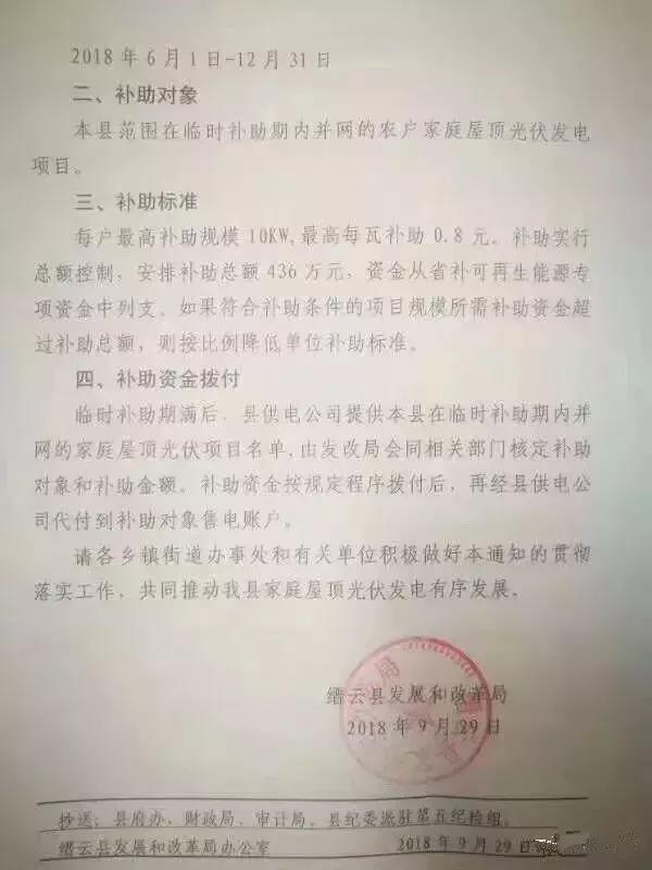 浙江縉云出臺(tái)后&ldquo;531&rdquo;家庭光伏臨時(shí)補(bǔ)助政策：最高每瓦0.8元